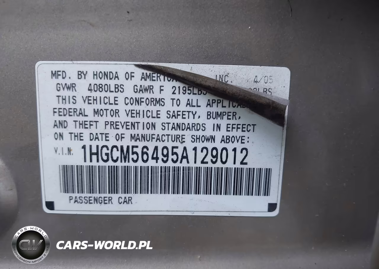 2005 Honda Accord 2.4 Lx VIN:1HGCM56495A129012 - 9
