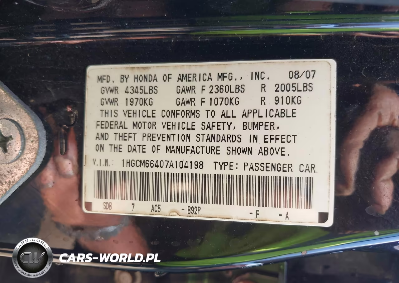 2007 Honda Accord 3.0 Se VIN:1HGCM66407A104198 - 9