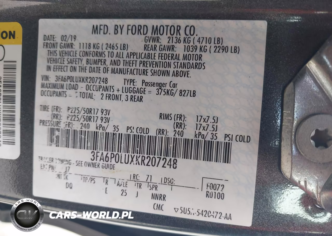 2019 Ford Fusion Hybrid Se VIN:3FA6P0LUXKR207248 - 8