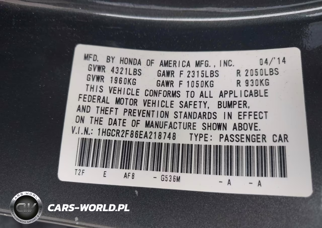 2014 Honda Accord Ex-L VIN:1HGCR2F86EA218748 - 9
