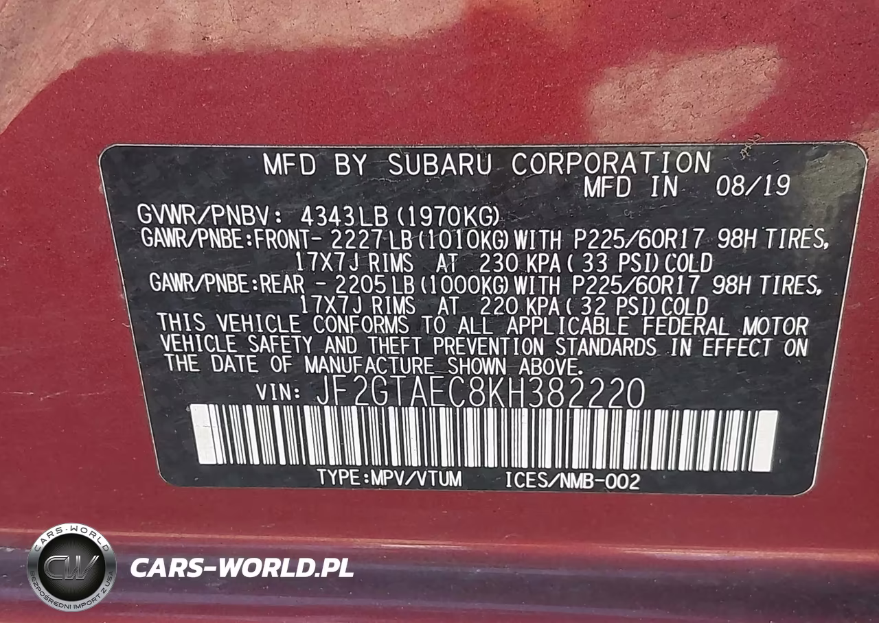 2019 Subaru Crosstrek 2.0I Premium VIN:JF2GTAEC8KH382220 - 9