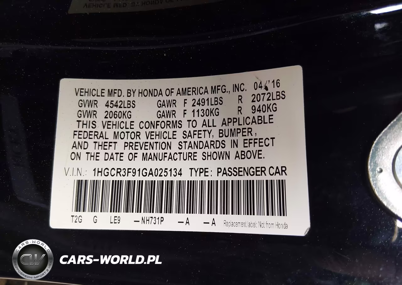 2016 Honda Accord Touring VIN:1HGCR3F91GA025134 - 9