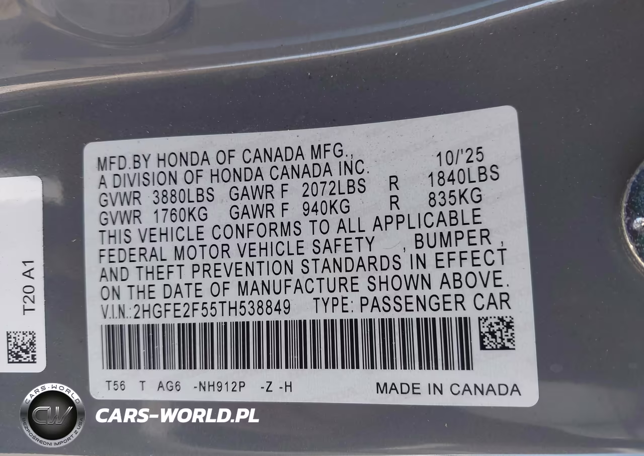 2026 Honda Civic Sport VIN:2HGFE2F55TH538849 - 9