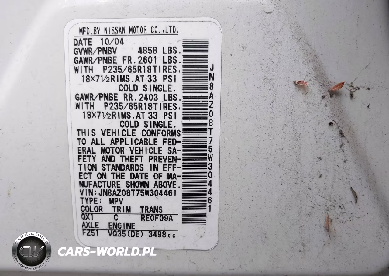 2005 Nissan Murano S VIN:JN8AZ08T75W304461 - 9
