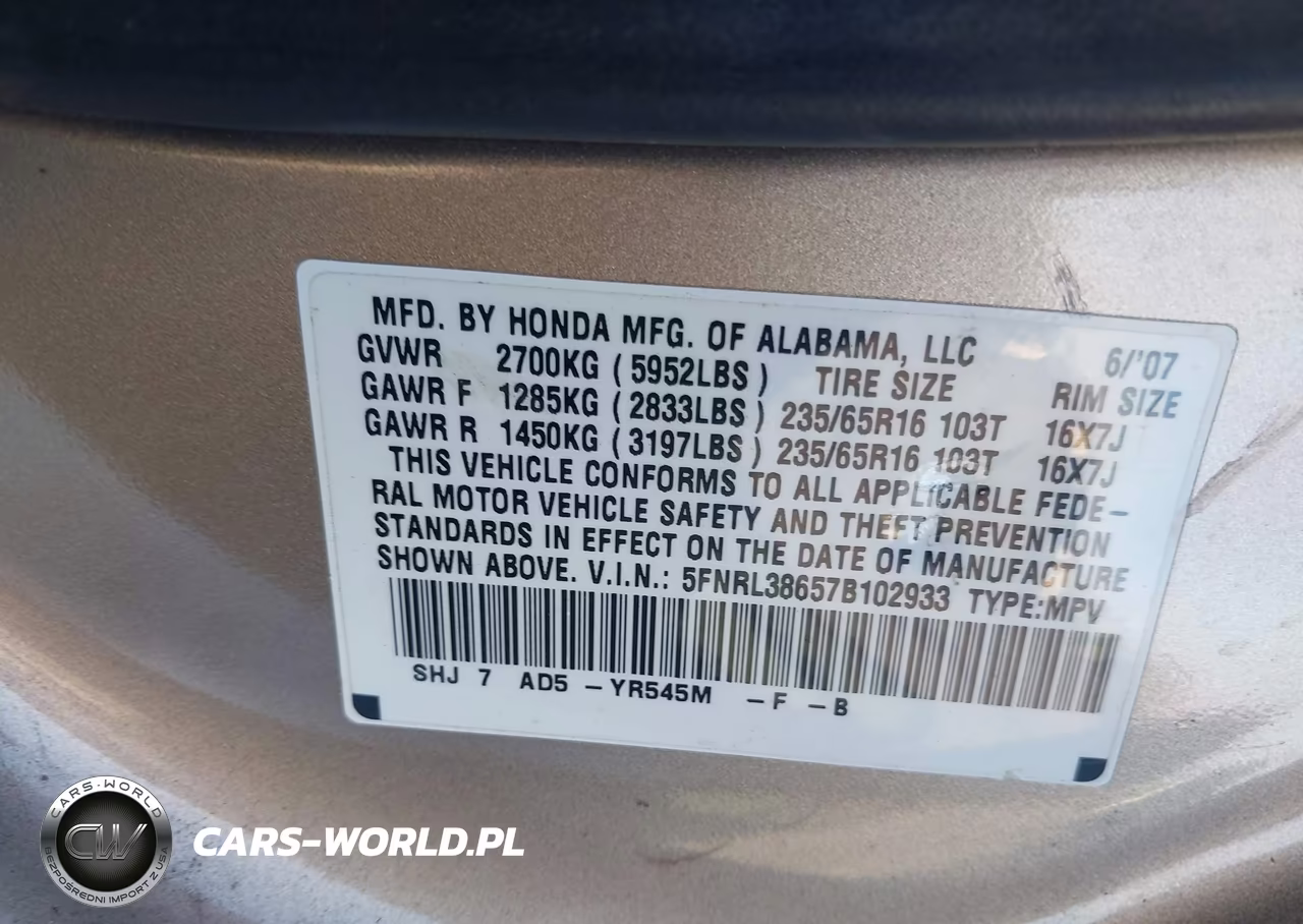 2007 Honda Odyssey Ex-L VIN:5FNRL38657B102933 - 9