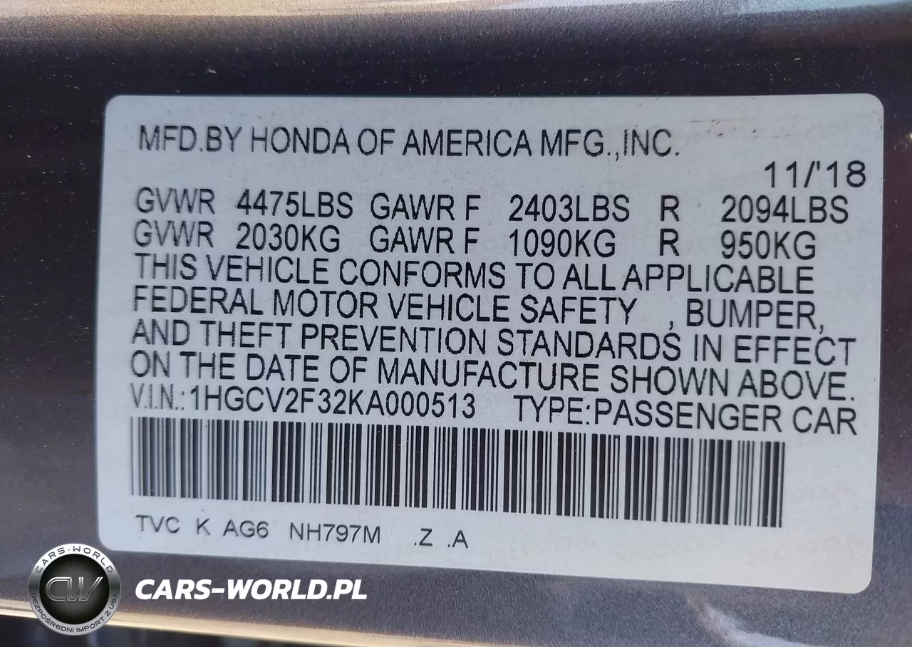 2019 Honda Accord Sport 2.0T VIN:1HGCV2F32KA000513 - 9