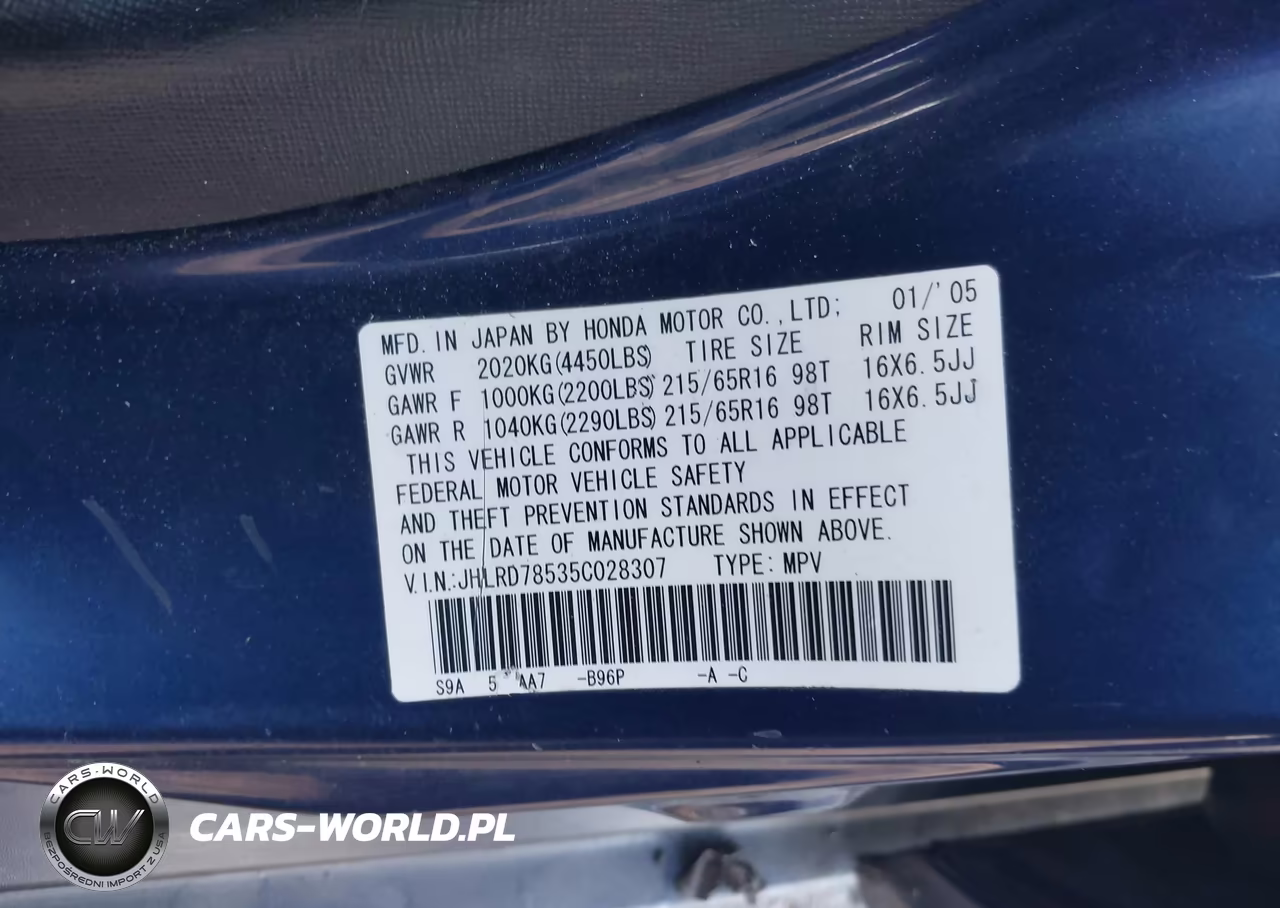 2005 Honda Cr-V Lx VIN:JHLRD78535C028307 - 9