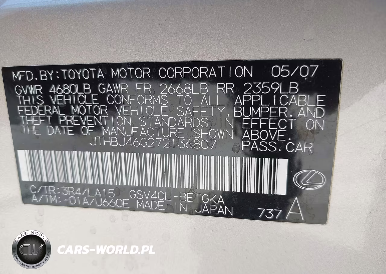 2007 Lexus Es 350 VIN:JTHBJ46G272136807 - 9