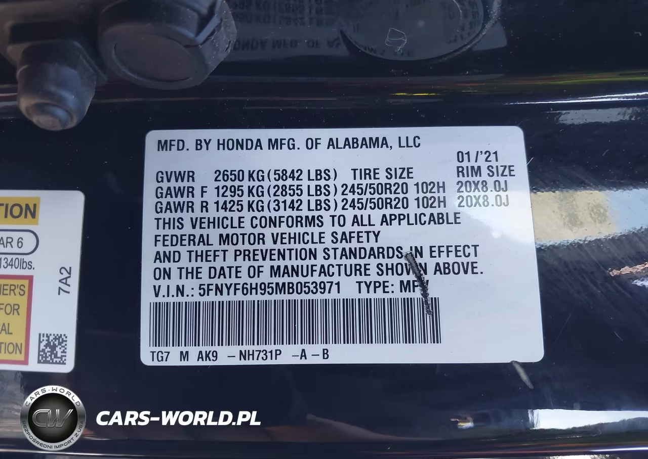 2021 Honda Pilot Awd Touring 8 Passenger VIN:5FNYF6H95MB053971 - 9