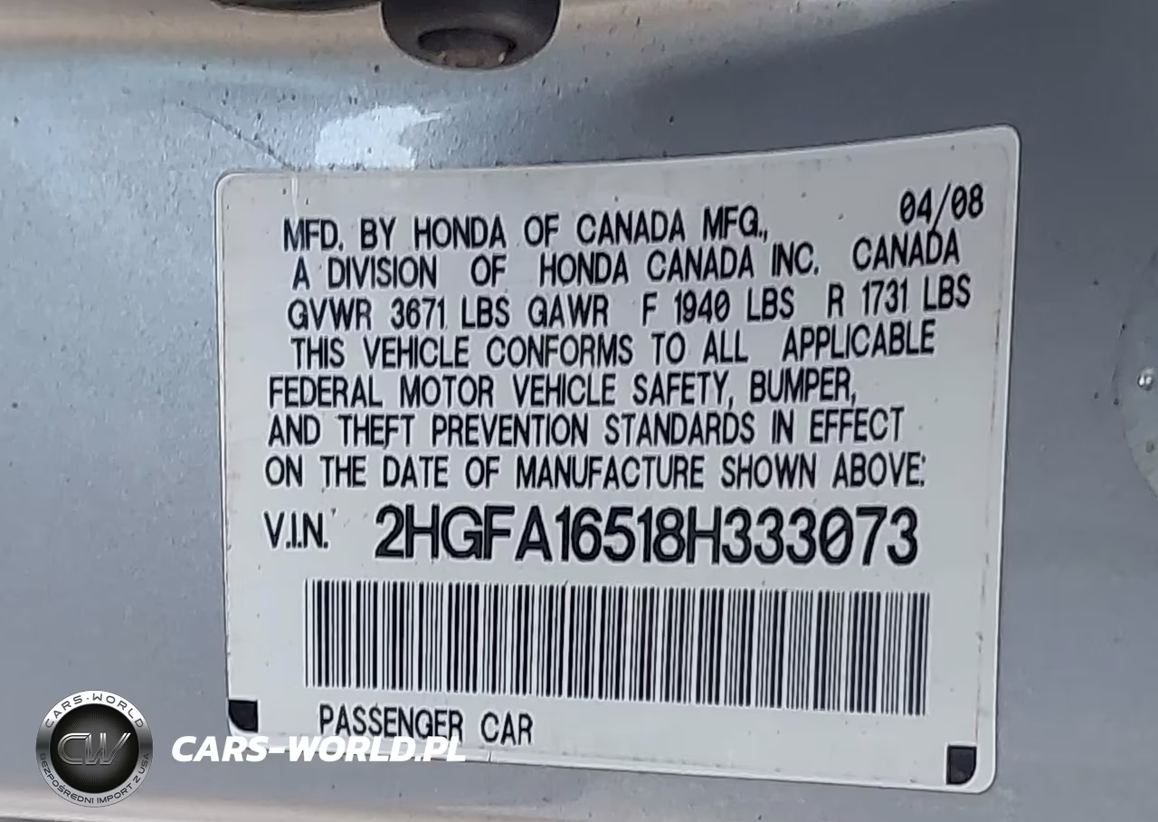 2008 Honda Civic Lx VIN:2HGFA16518H333073 - 9