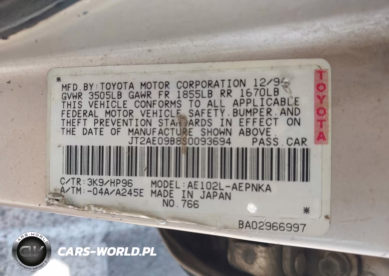 1995 Toyota Corolla Le-Dx VIN:JT2AE09B8S0093694 - 9