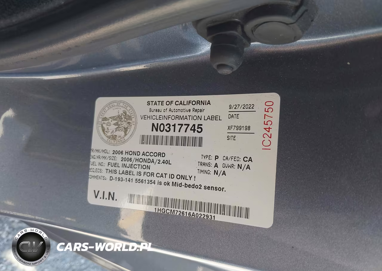 2006 Honda Accord 2.4 Ex VIN:1HGCM72616A022931 - 9