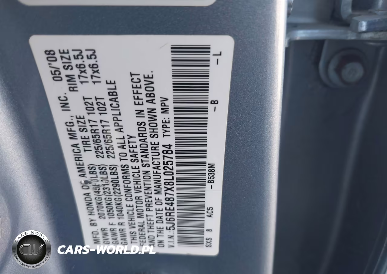 2008 Honda Cr-V Ex-L VIN:5J6RE487X8L025784 - 9