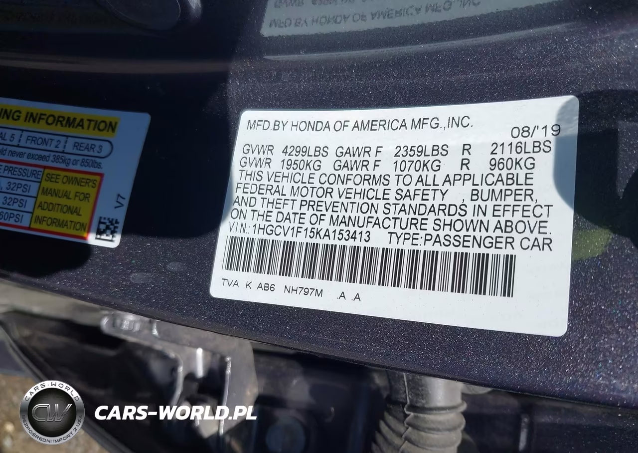 2019 Honda Accord Lx VIN:1HGCV1F15KA153413 - 9