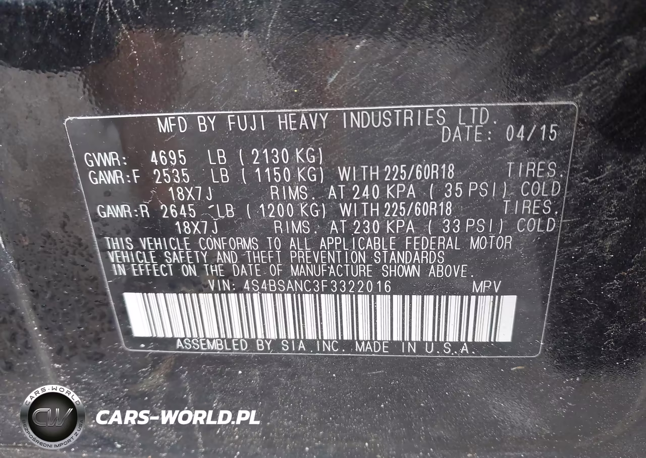 2015 Subaru Outback 2.5I Limited VIN:4S4BSANC3F3322016 - 9