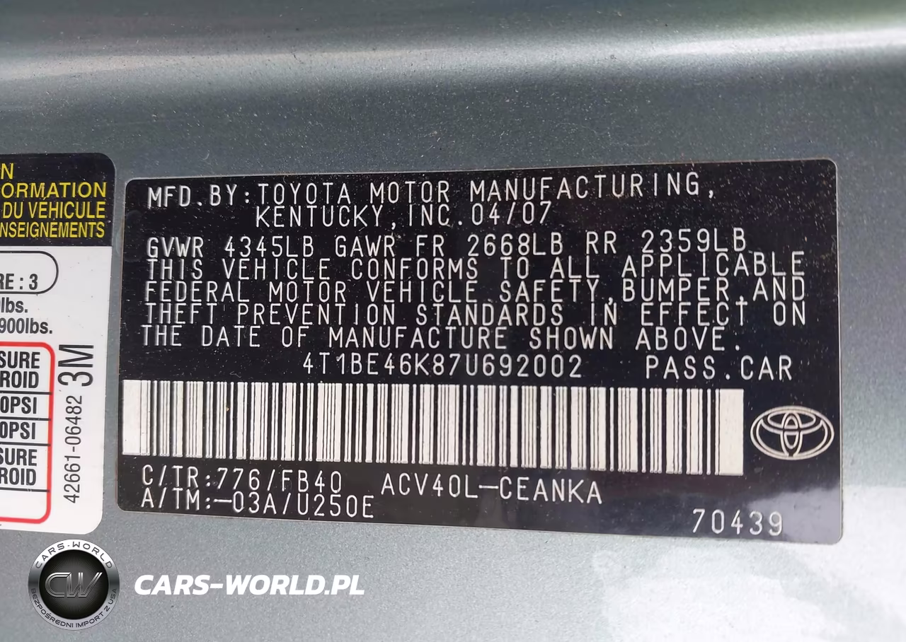 2007 Toyota Camry Le VIN:4T1BE46K87U692002 - 9