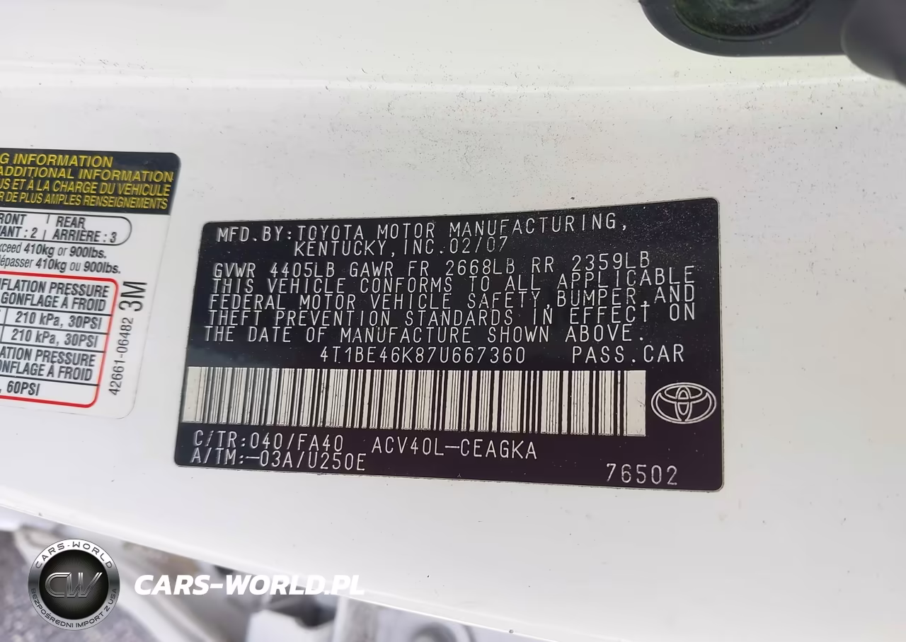 2007 Toyota Camry Xle VIN:4T1BE46K87U667360 - 9