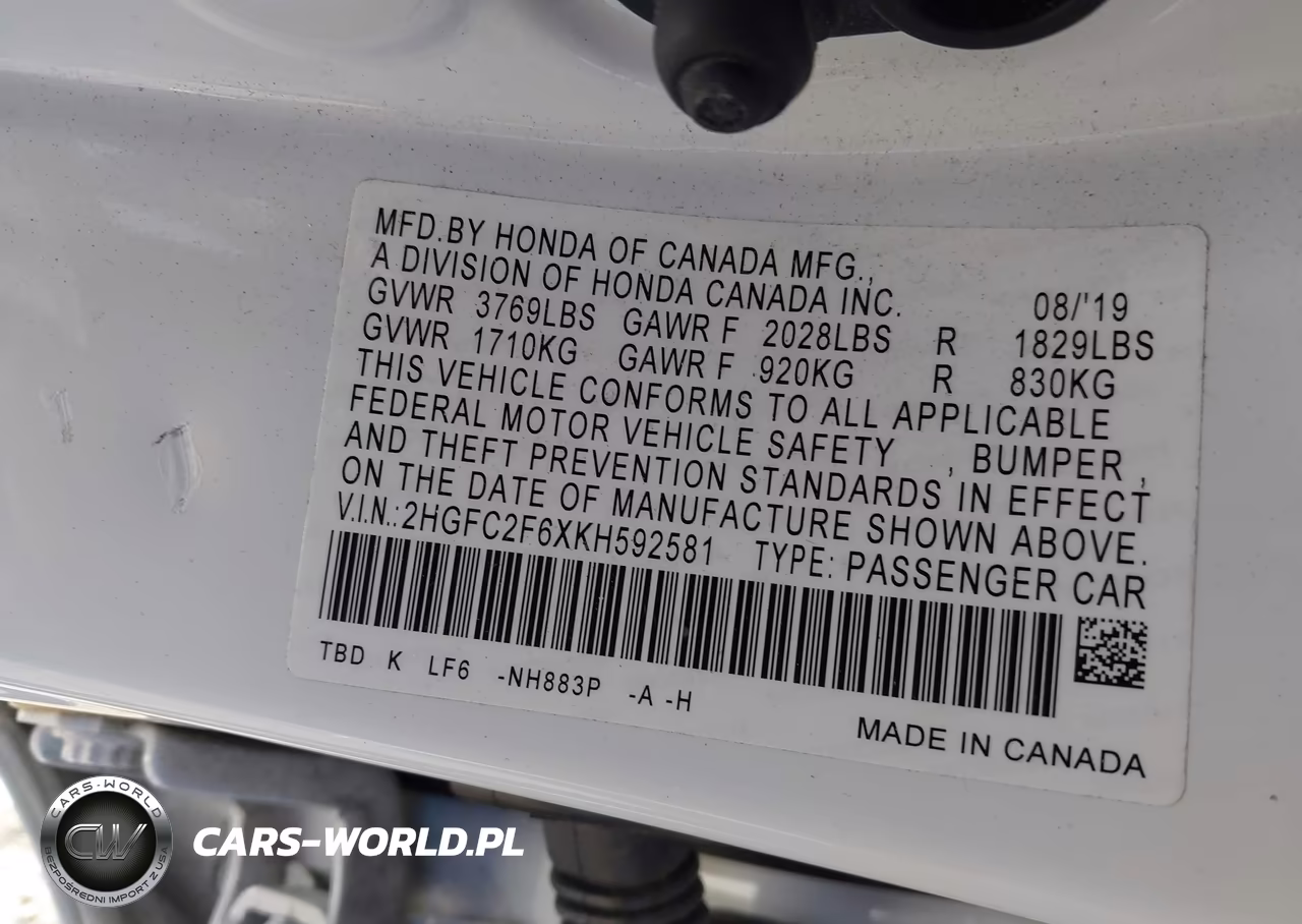 2019 Honda Civic Lx VIN:2HGFC2F6XKH592581 - 9