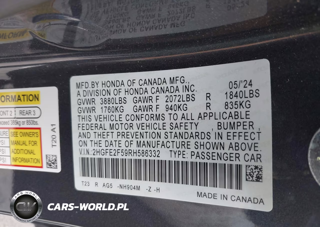 2024 Honda Civic Sport VIN:2HGFE2F59RH586332 - 9