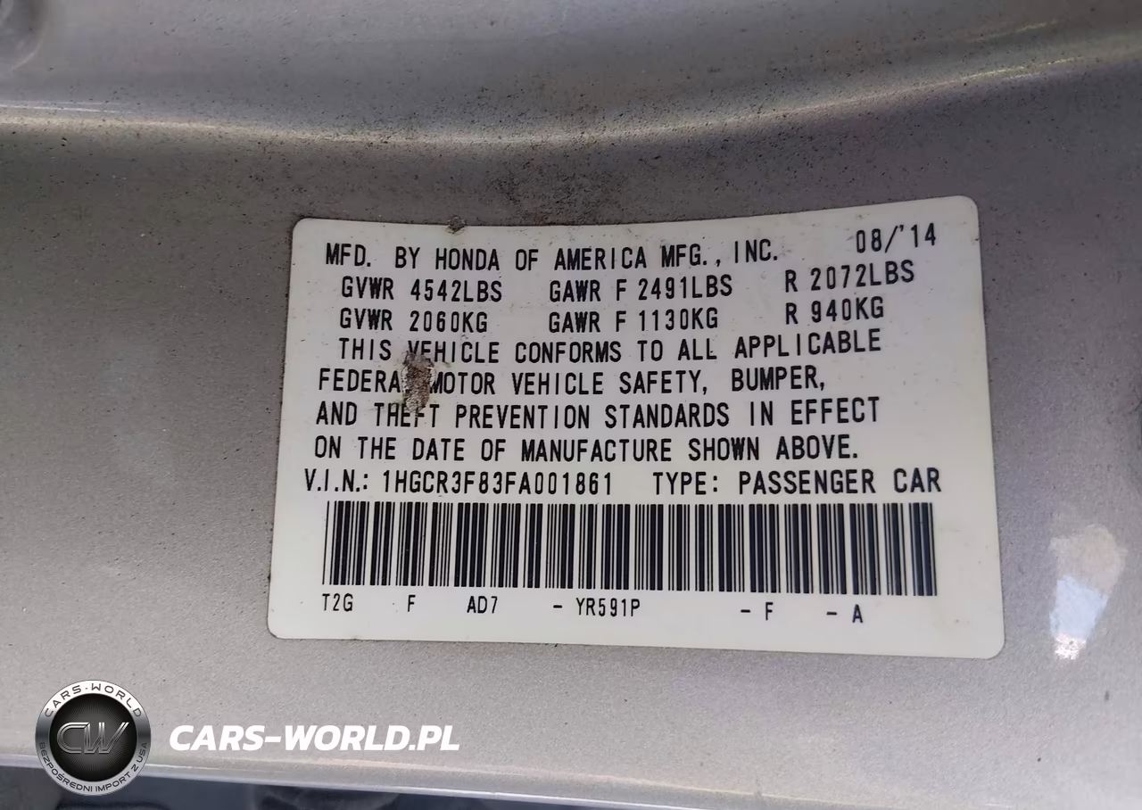 2015 Honda Accord Ex-L V-6 VIN:1HGCR3F83FA001861 - 9