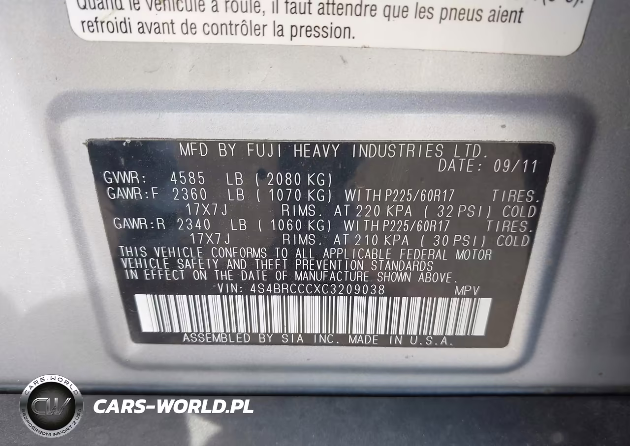 2012 Subaru Outback 2.5I Premium VIN:4S4BRCCCXC3209038 - 9