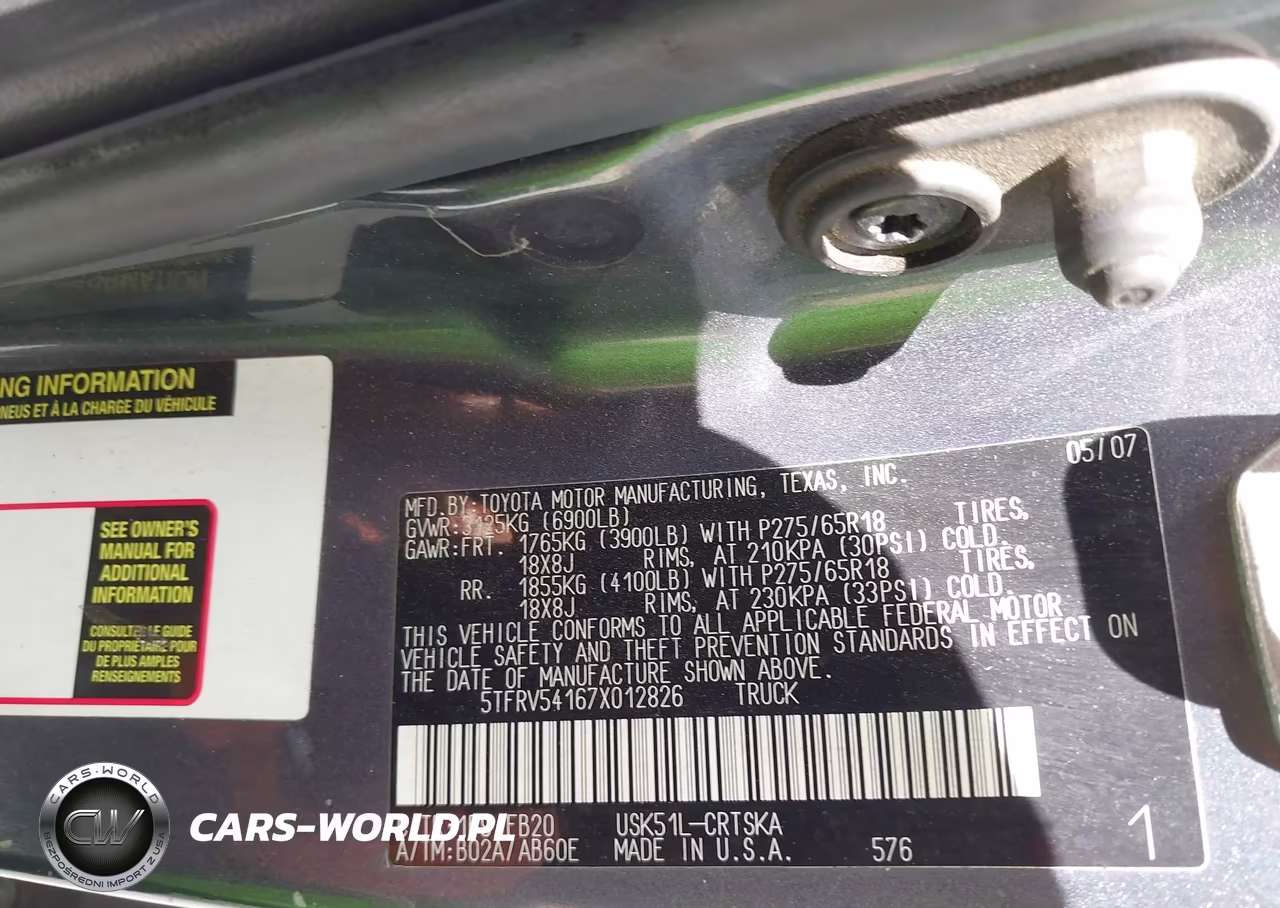 2007 Toyota Tundra Sr5 V8 VIN:5TFRV54167X012826 - 9
