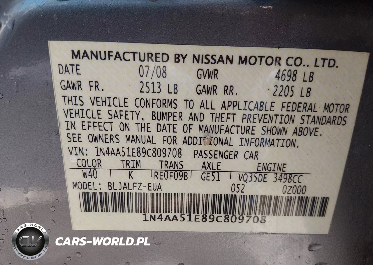 2009 Nissan Maxima 3.5 Sv VIN:1N4AA51E89C809708 - 9