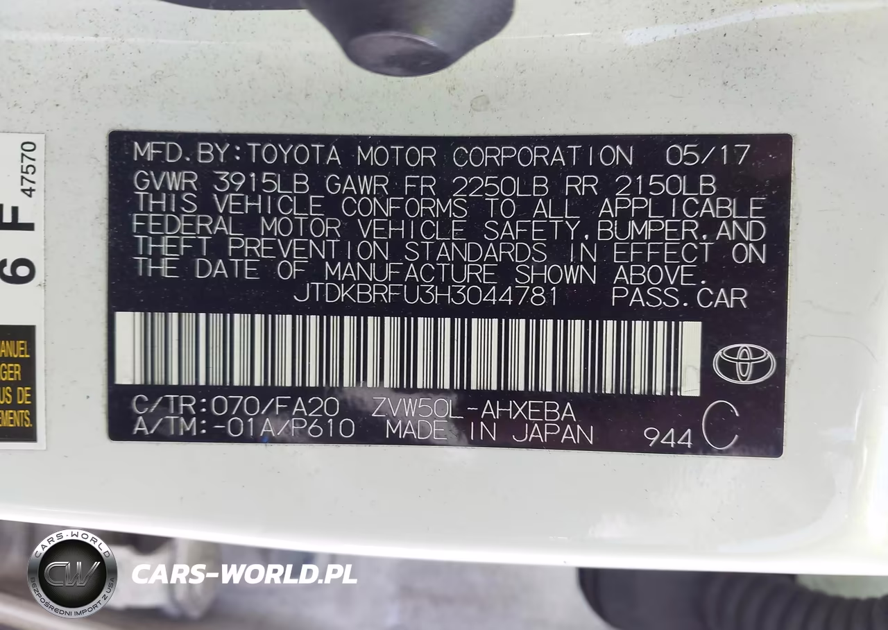2017 Toyota Prius One VIN:JTDKBRFU3H3044781 - 9