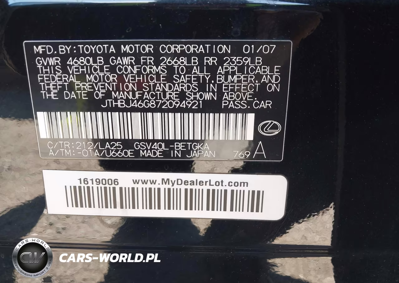 2007 Lexus Es 350 VIN:JTHBJ46G872094921 - 9