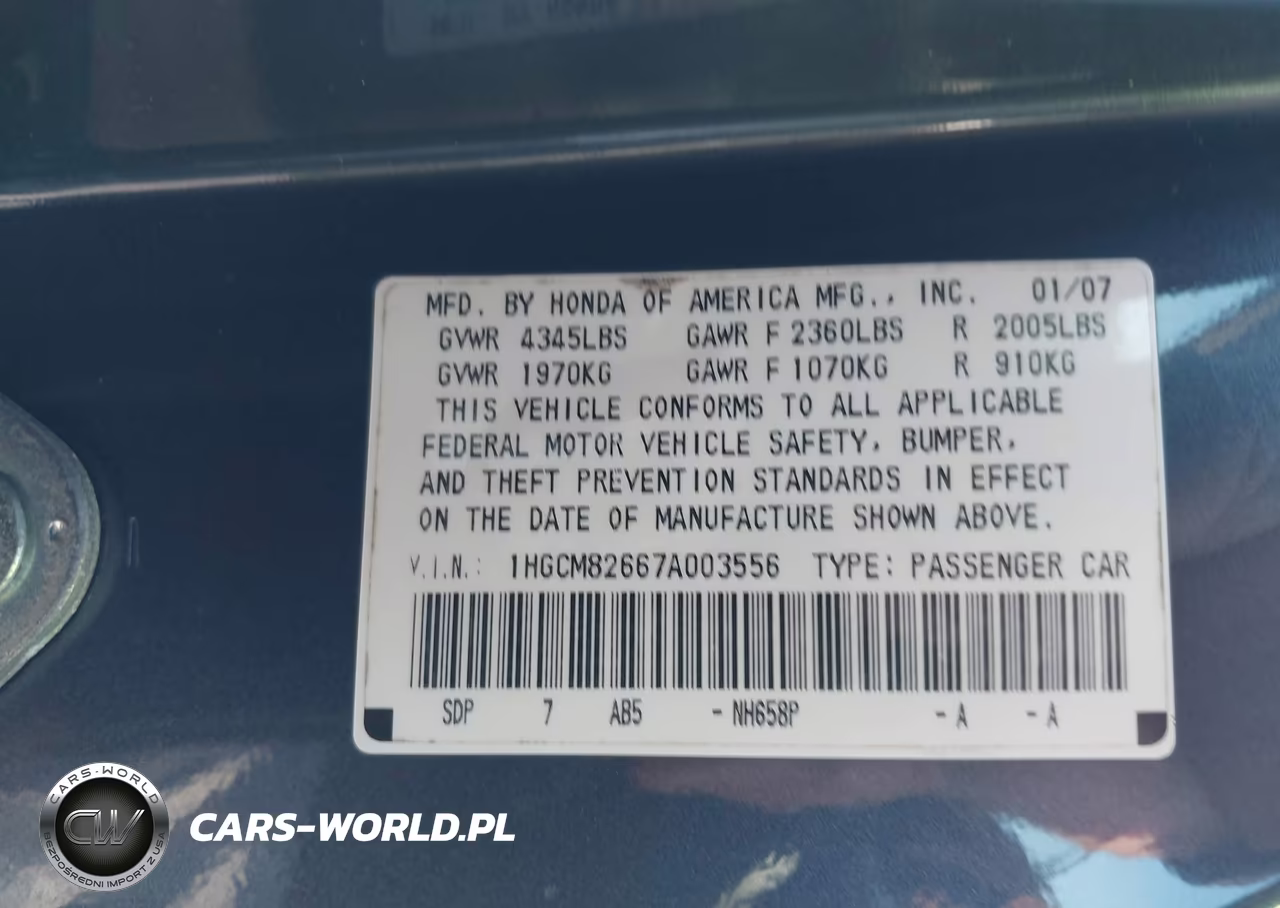 2007 Honda Accord 3.0 Ex VIN:1HGCM82667A003556 - 9