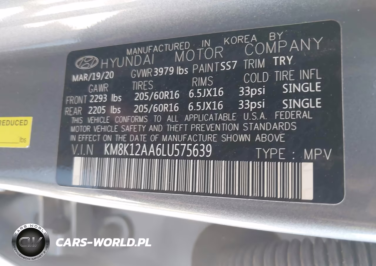 2020 Hyundai Kona Se VIN:KM8K12AA6LU575639 - 9