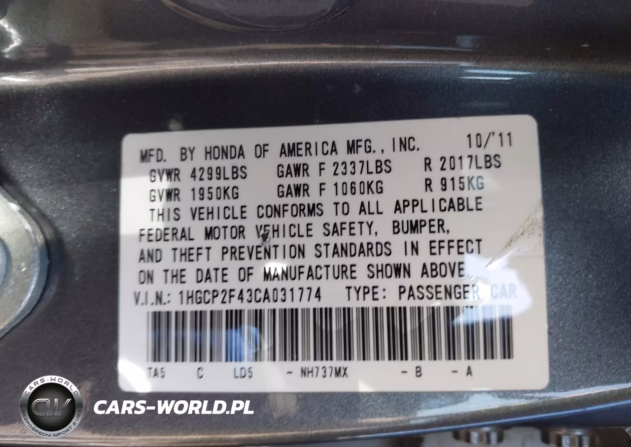 2012 Honda Accord 2.4 Lx-P VIN:1HGCP2F43CA031774 - 9