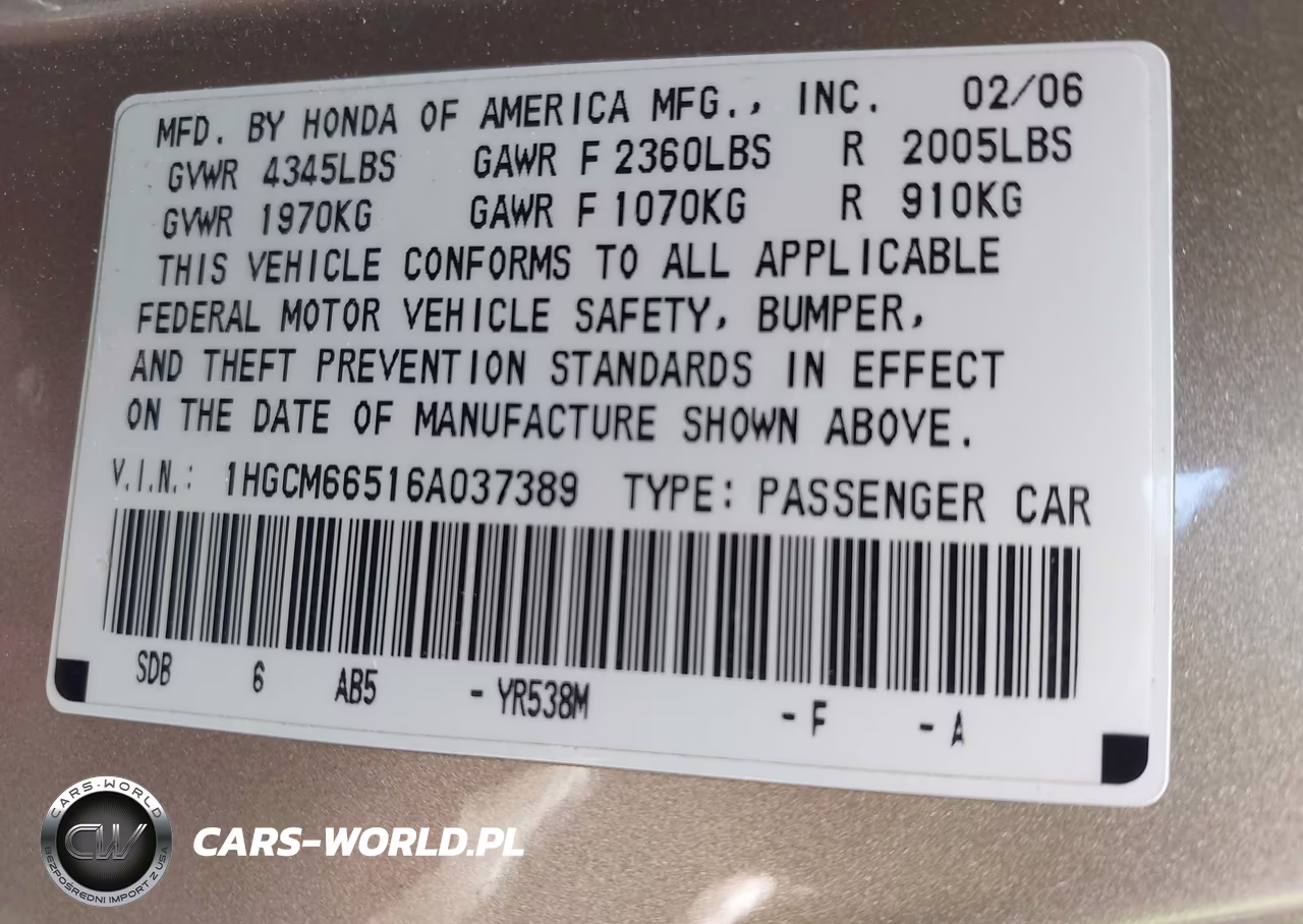 2006 Honda Accord 3.0 Ex VIN:1HGCM66516A037389 - 9
