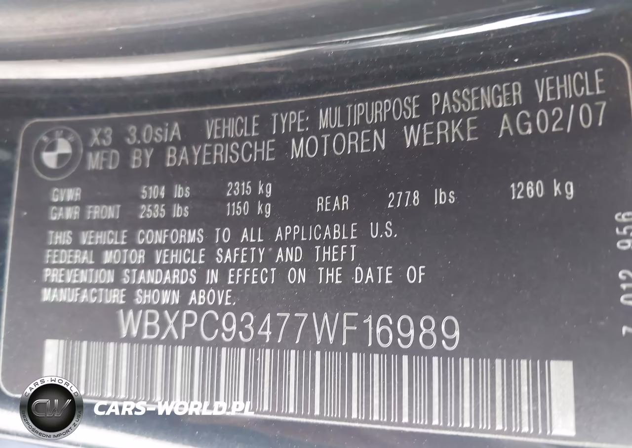 2007 BMW X3 3.0Si VIN:WBXPC93477WF16989 - 9