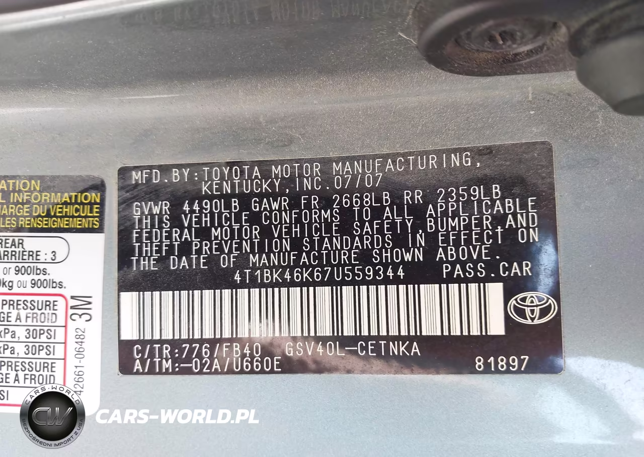 2007 Toyota Camry Le V6 VIN:4T1BK46K67U559344 - 9