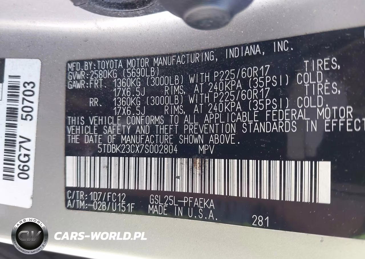 2007 Toyota Sienna Le VIN:5TDBK23CX7S002804 - 9