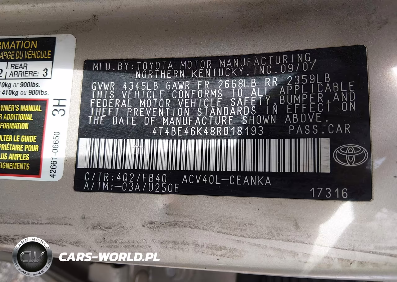 2008 Toyota Camry VIN:4T4BE46K48R018193 - 9