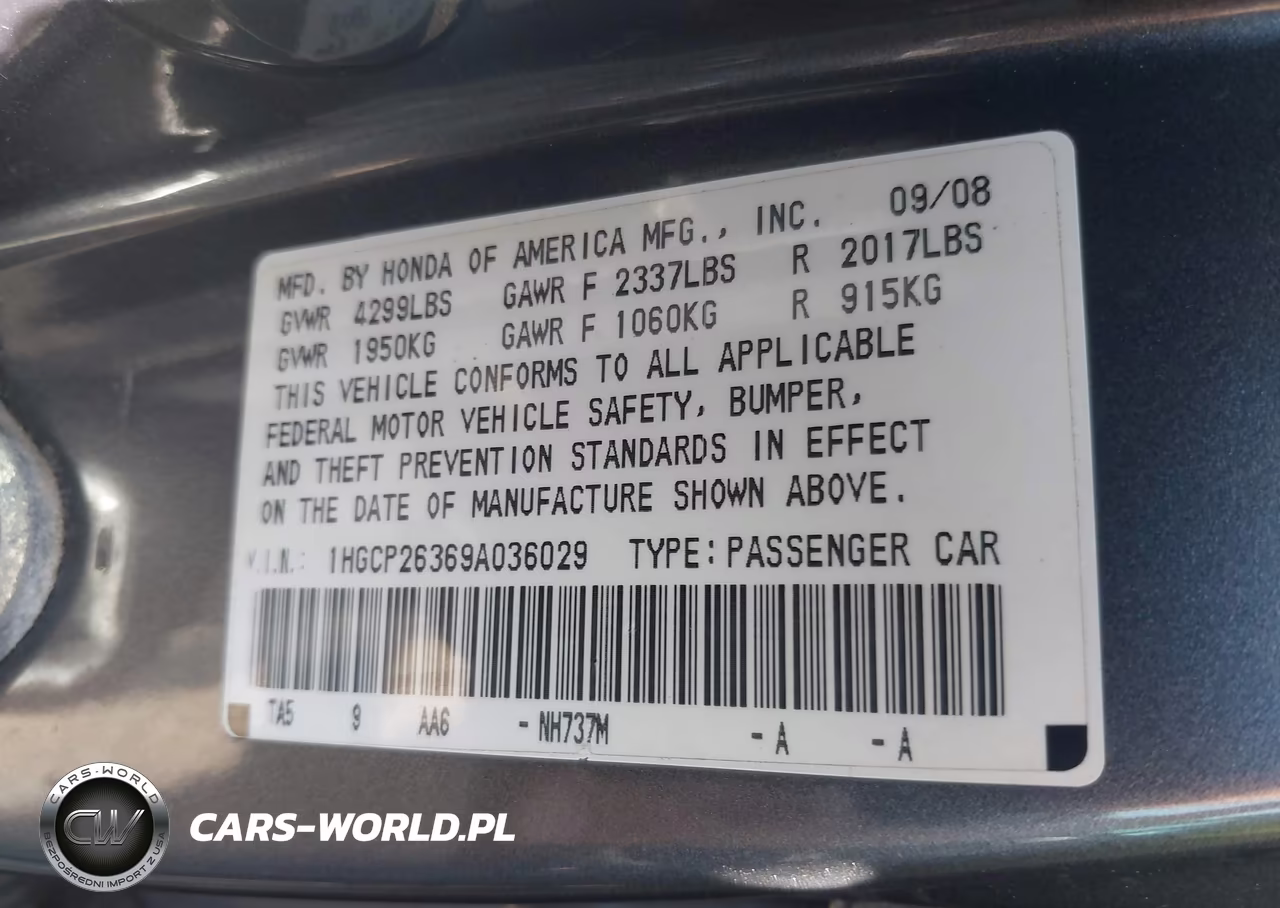 2009 Honda Accord 2.4 Lx VIN:1HGCP26369A036029 - 9