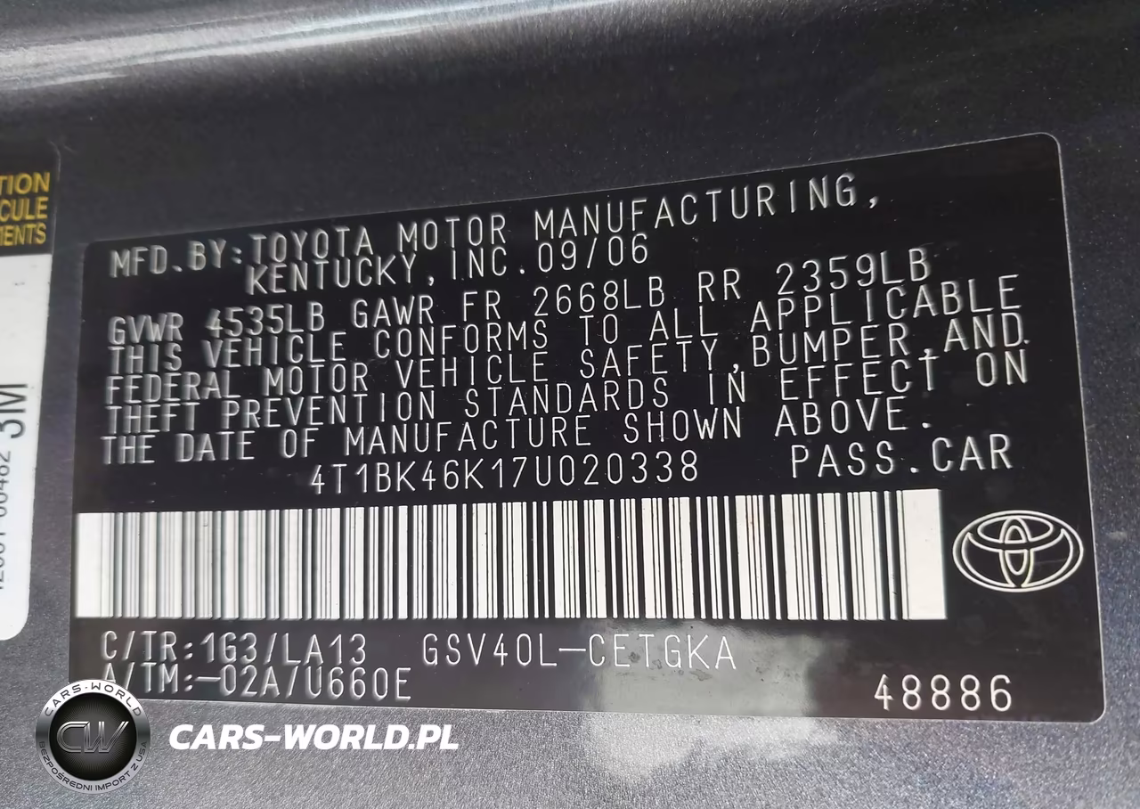 2007 Toyota Camry Xle V6 VIN:4T1BK46K17U020338 - 9