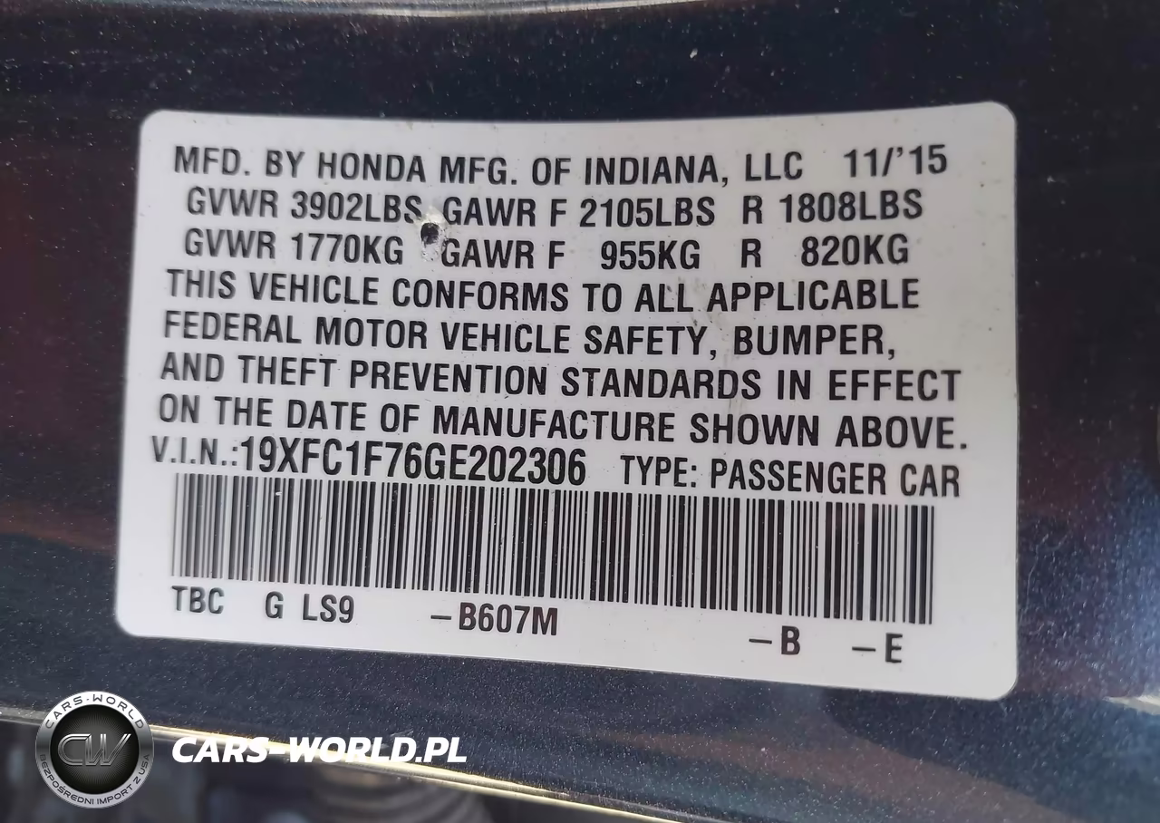 2016 Honda Civic Ex-L VIN:19XFC1F76GE202306 - 9