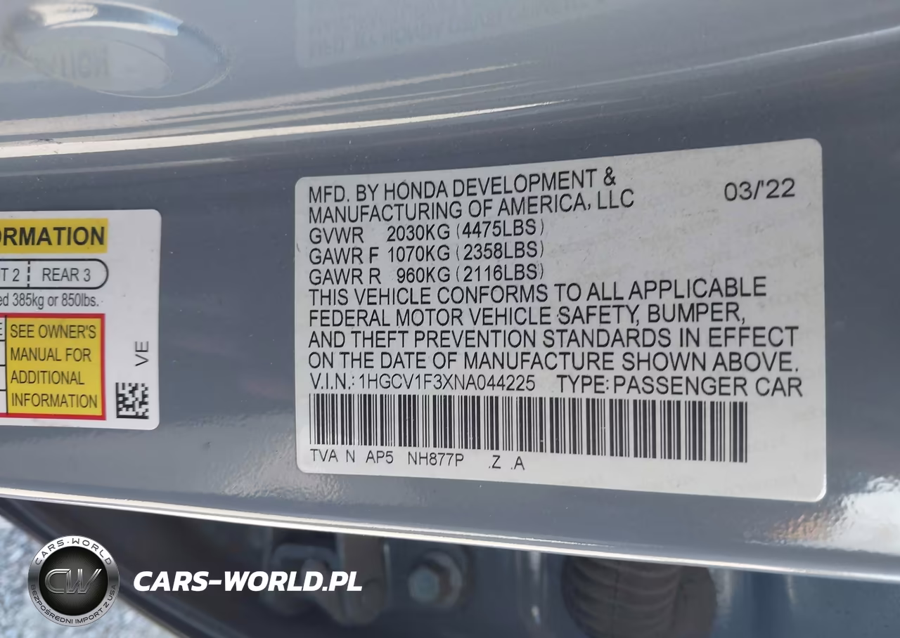 2022 Honda Accord Sport VIN:1HGCV1F3XNA044225 - 9