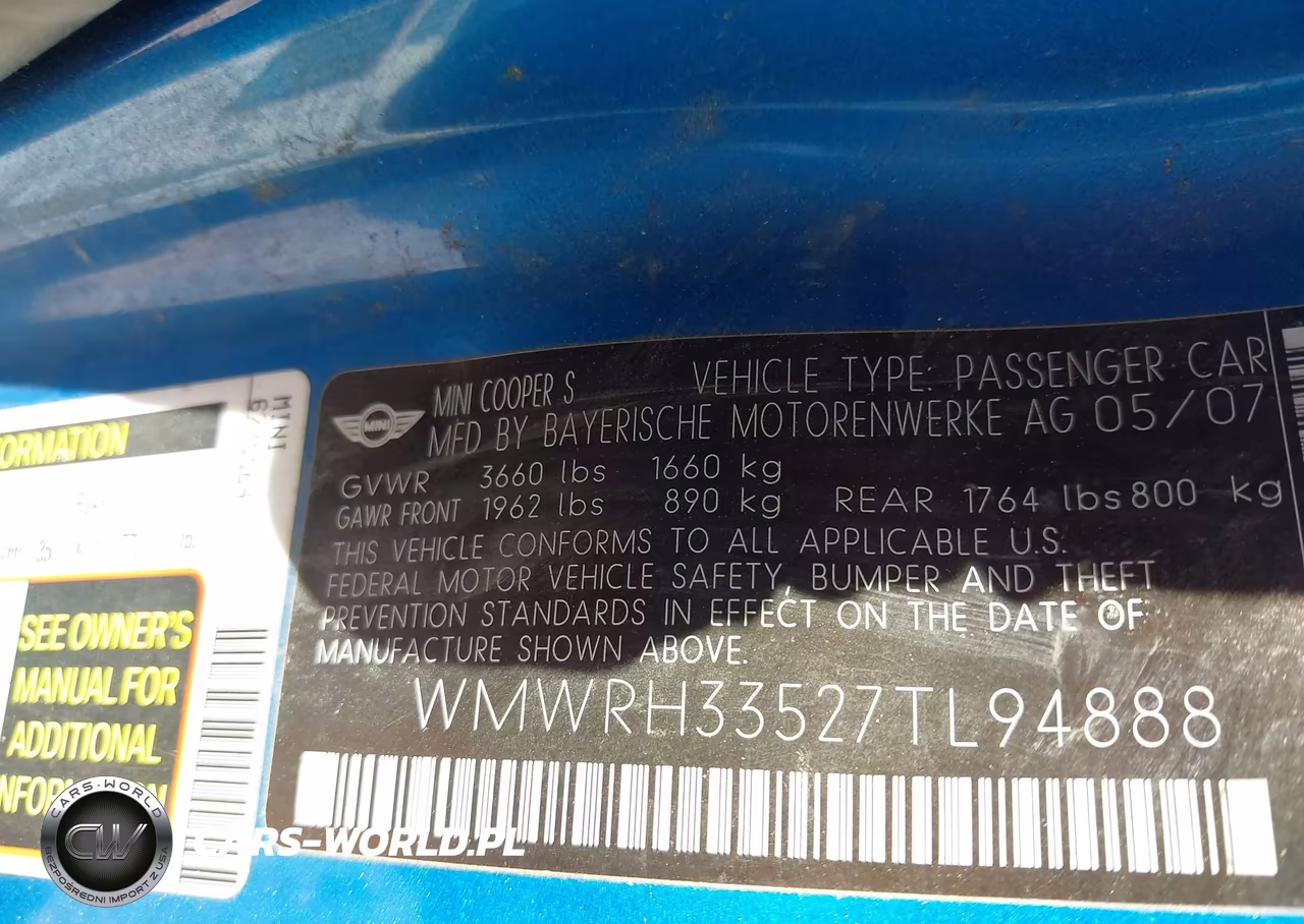 2007 Mini Cooper S VIN:WMWRH33527TL94888 - 9