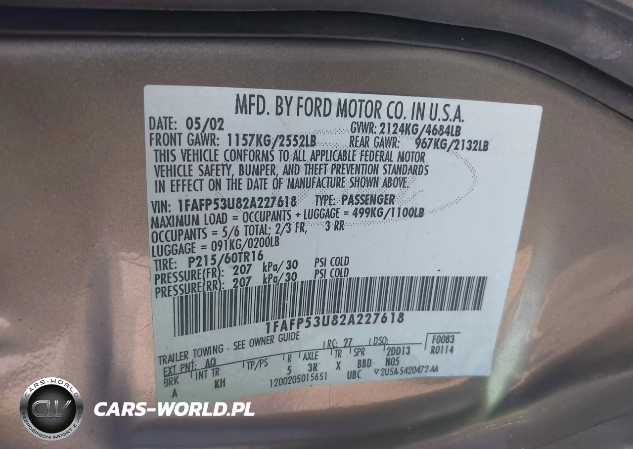 2002 Ford Taurus Se VIN:1FAFP53U82A227618 - 9