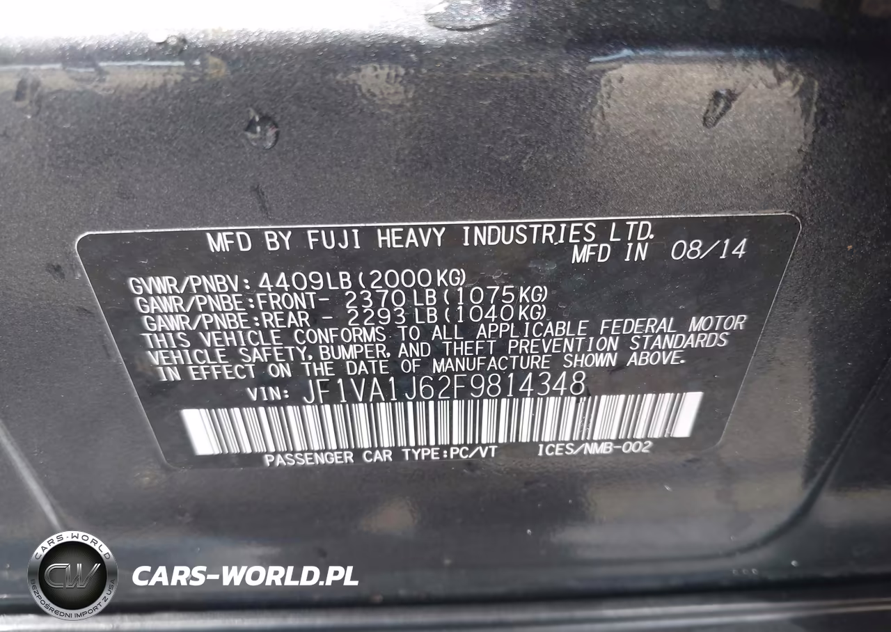 2015 Subaru Wrx Limited VIN:JF1VA1J62F9814348 - 9