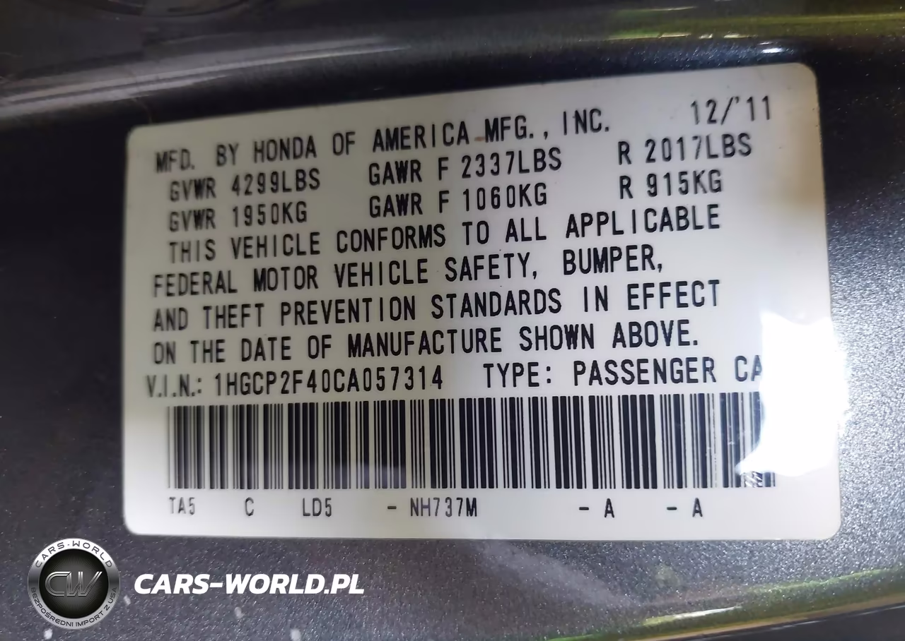 2012 Honda Accord 2.4 Lx-P VIN:1HGCP2F40CA057314 - 9