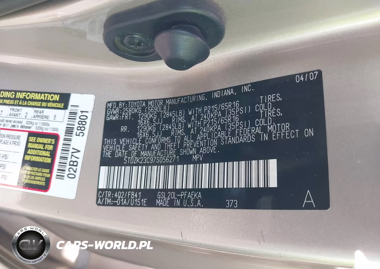 2007 Toyota Sienna Ce VIN:5TDZK23C97S056271 - 9