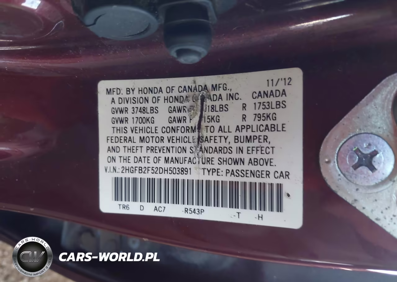 2013 Honda Civic Lx VIN:2HGFB2F52DH503891 - 9