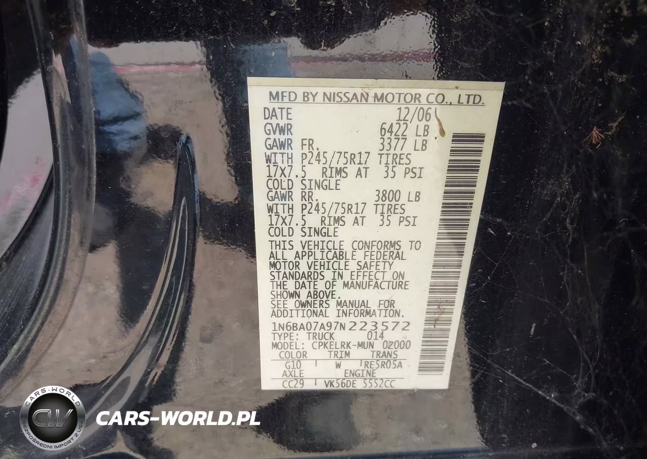 2007 Nissan Titan Xe VIN:1N6BA07A97N223572 - 9