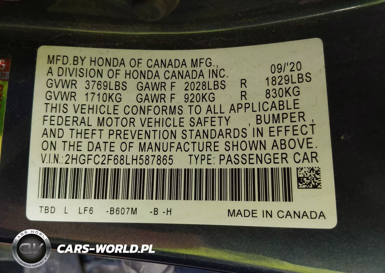 2020 Honda Civic Lx VIN:2HGFC2F68LH587865 - 9