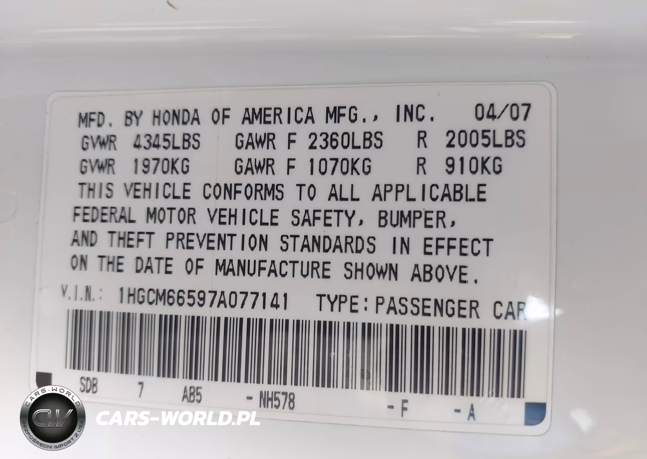 2007 Honda Accord 3.0 Ex VIN:1HGCM66597A077141 - 9
